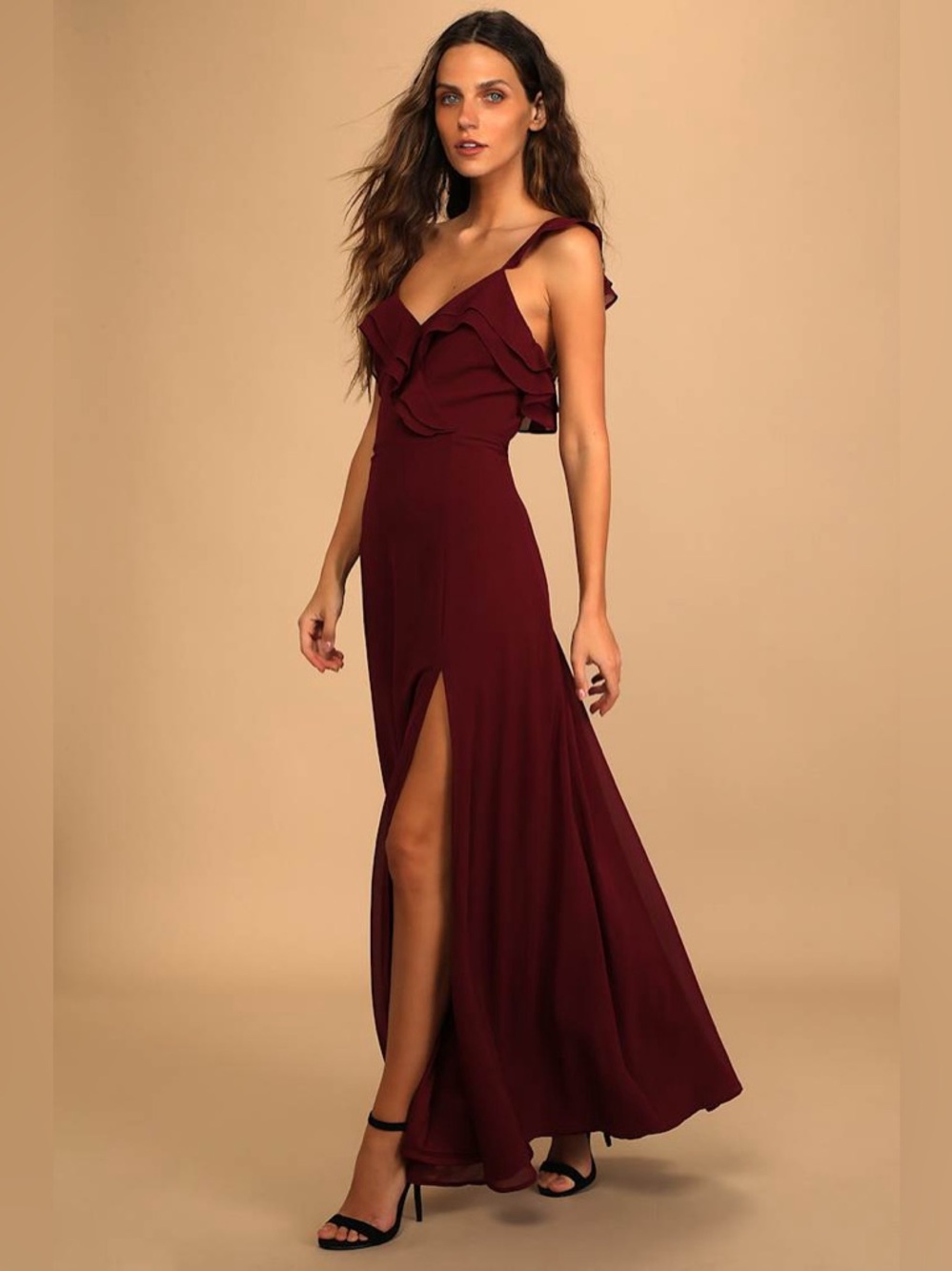 NWT LULUS Adoring Glances Burgundy Ruffle Maxi Dress